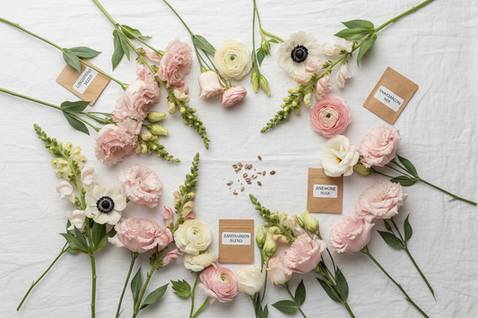 Bulk flower seeds for wedding florists including lisianthus ranunculus snapdragons and anemones in white and blush