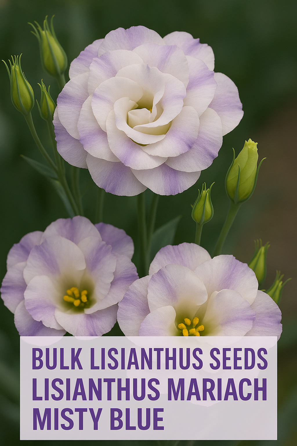 Lisianthus Mariachi Misty Blue in bloom, soft lavender-blue petals grown from bulk lisianthus seeds for premium cut flowers