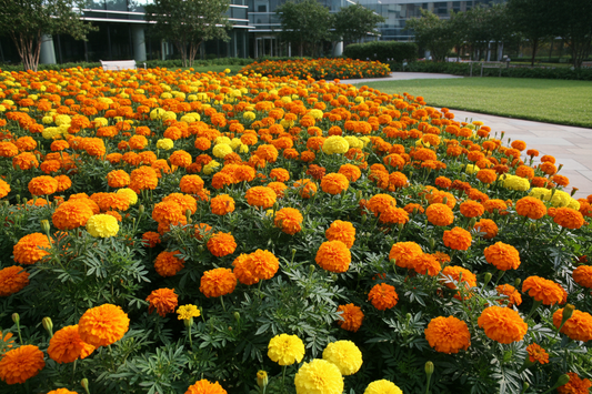 Mass planting of French and African marigold seeds in a commercial landscape bed with orange and yellow blooms