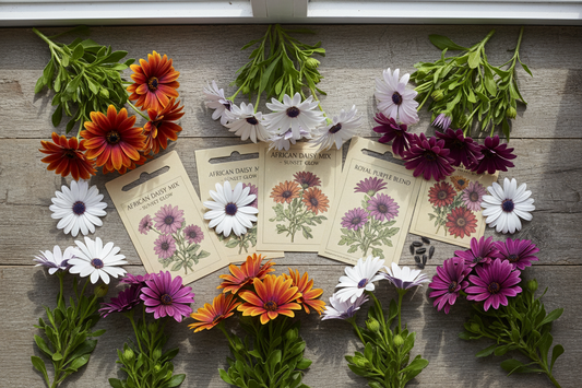 Bulk osteospermum African daisy seeds and blooms in orange, white purple eye, lavender, and deep purple flat lay