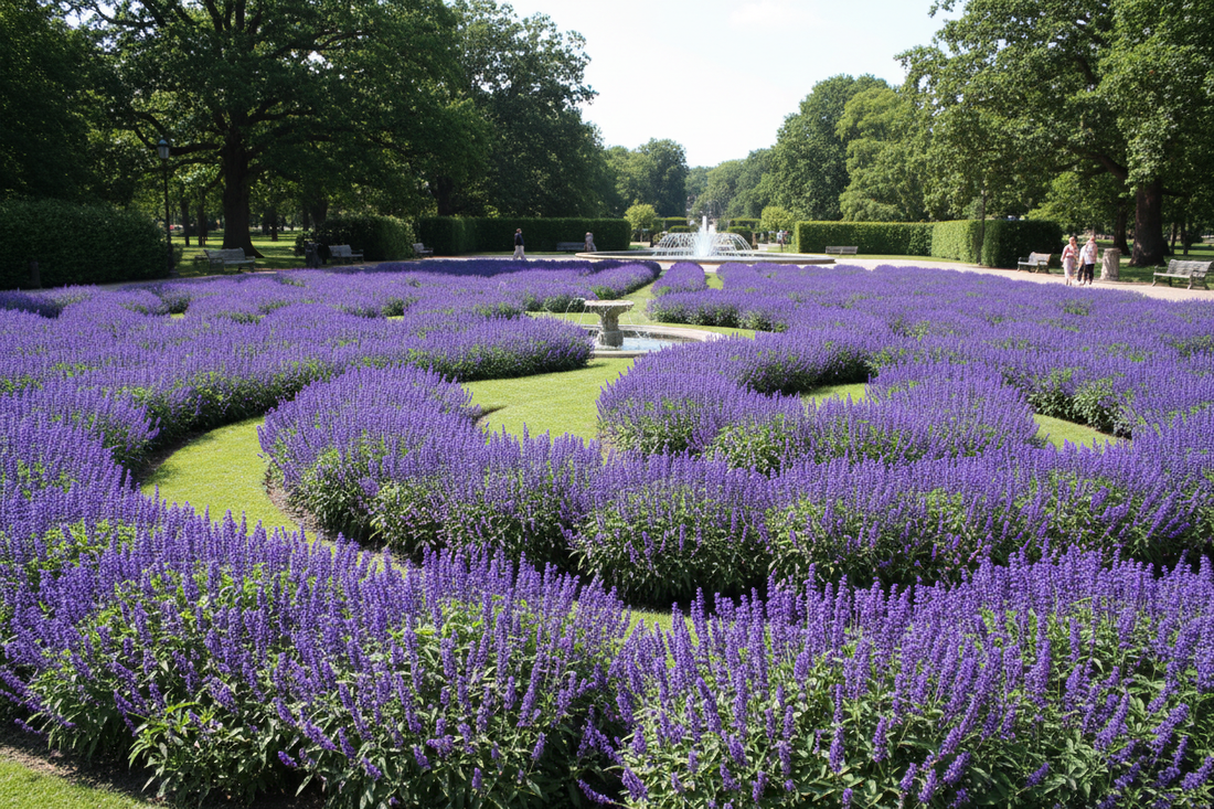 Bulk salvia Victoria Blue mass planting in commercial municipal landscape