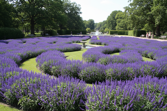 Bulk salvia Victoria Blue mass planting in commercial municipal landscape