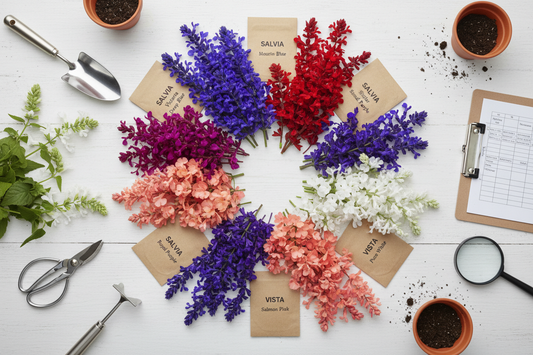 Bulk salvia seed variety flat lay showing Victoria Blue, Mojave Red, Sizzler Purple, Vista Salmon, and Reddy White flowers with seed packets