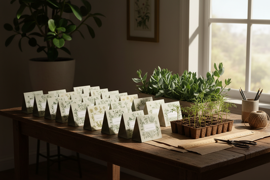 Bulk flower seed packets and seedlings on a planning table