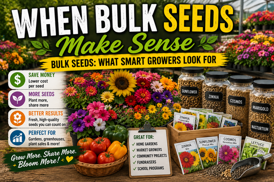 Bulk flower and vegetable seeds for home gardeners, market growers, and community gardens showing the benefits of buying seeds in bulk.