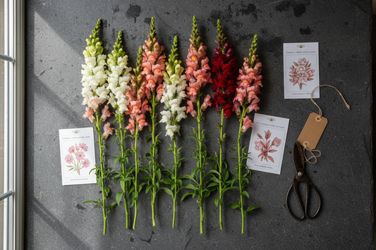 Tall cut snapdragon stems in white, pink, coral, and red arranged with seed packets on a dark slate surface for commercial growers