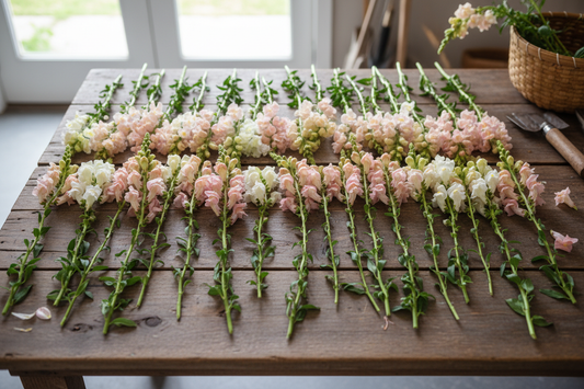 Bulk snapdragon cut flower stems in pink white and light salmon arranged on a rustic farm table