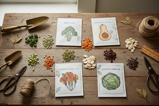 Bulk vegetable seeds including broccoli, lettuce, carrot, squash, and cabbage seeds arranged on a rustic wooden surface