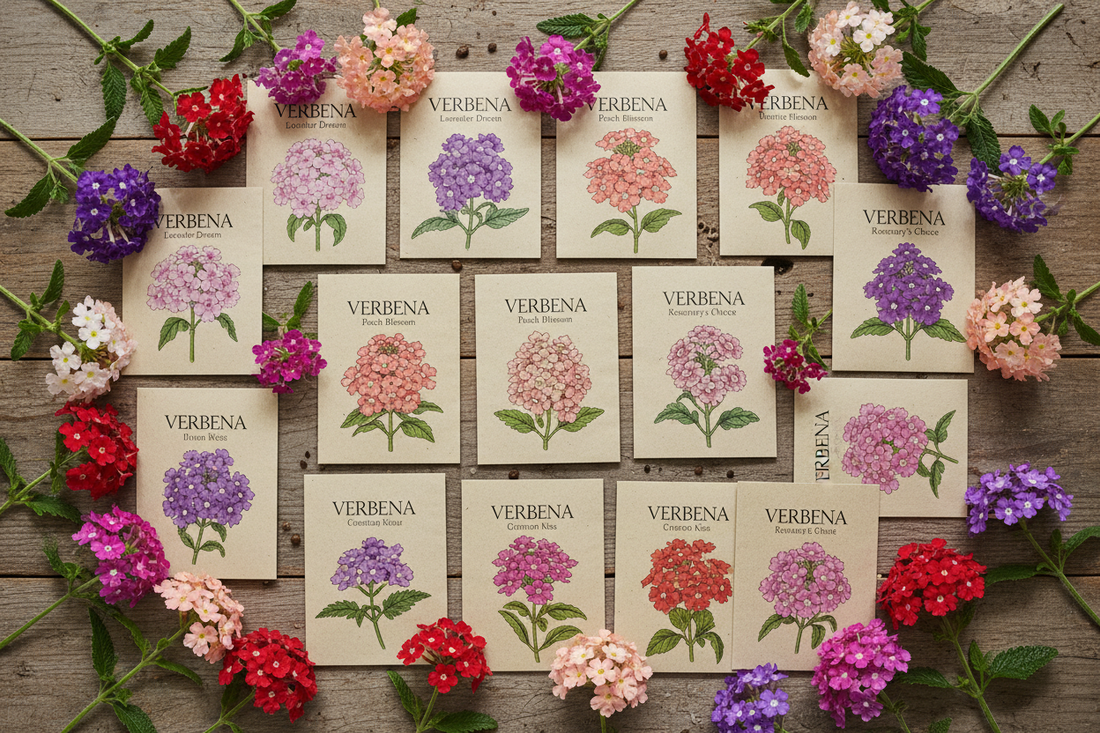 Bulk verbena seeds with colorful verbena flowers in purple, pink, peach, and red