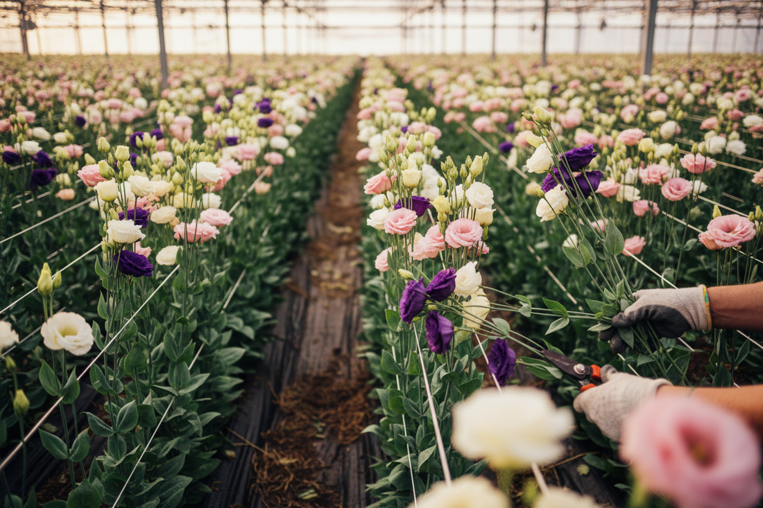 Cut flower farmer harvesting bulk lisianthus stems in greenhouse rows of white purple and pink lisianthus blooms 
