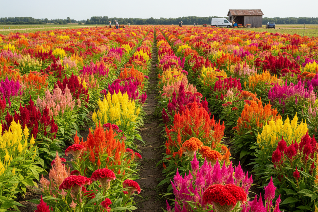 Rows of celosia in full bloom on a commercial cut flower farm