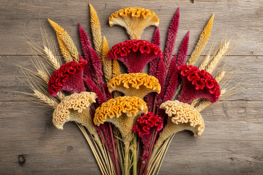 Dried celosia varieties including plume, crested cockscomb, and wheat types for commercial dried flower programs