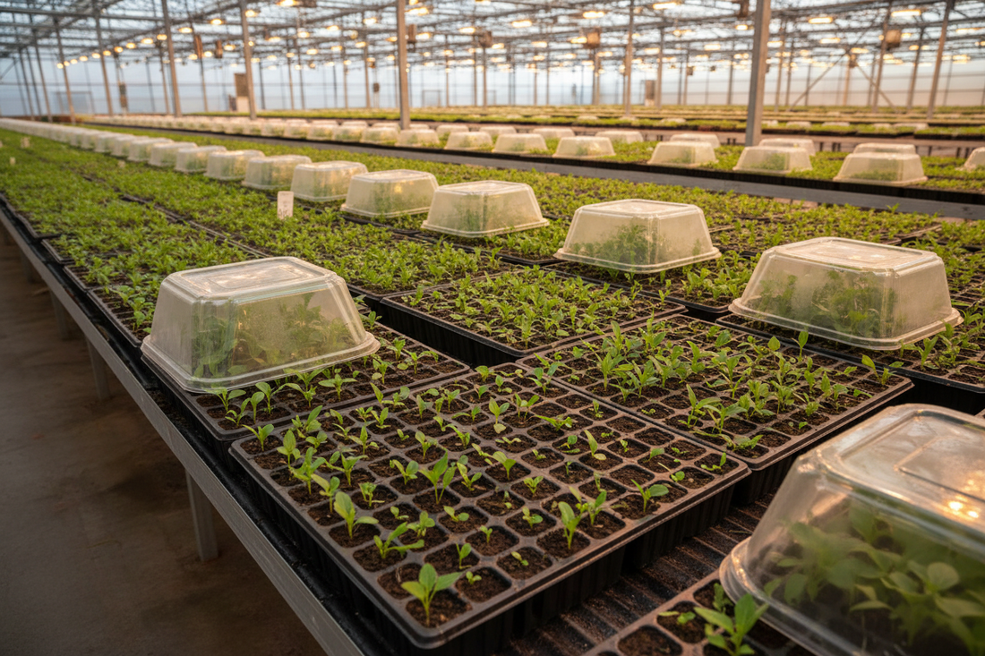 Commercial greenhouse propagation trays with celosia seedlings under humidity domes and bottom heat