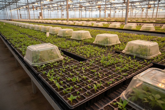 Commercial greenhouse propagation trays with celosia seedlings under humidity domes and bottom heat