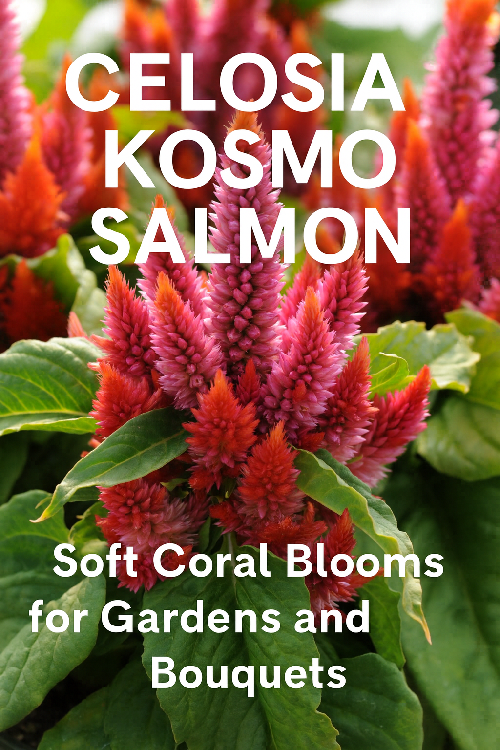 Celosia Kosmo Salmon flowers in full bloom with soft coral-pink plumes and healthy green foliage, perfect for gardens and cut flowers