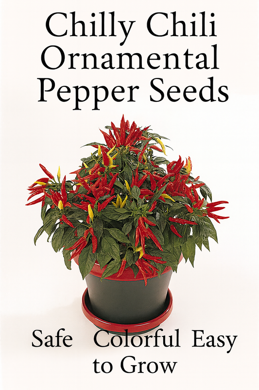 Chilly Chili Ornamental Pepper plant with compact green foliage and vibrant upright peppers ripening in shades of yellow, orange, and red — safe, colorful, and easy to grow in containers or borders