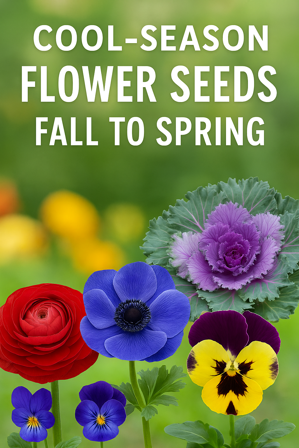A colorful display of cool-season flowers — Ranunculus, Anemones, Pansies, Violas, Snapdragons, and Flowering Kale — ideal for fall and early spring bulk growing.