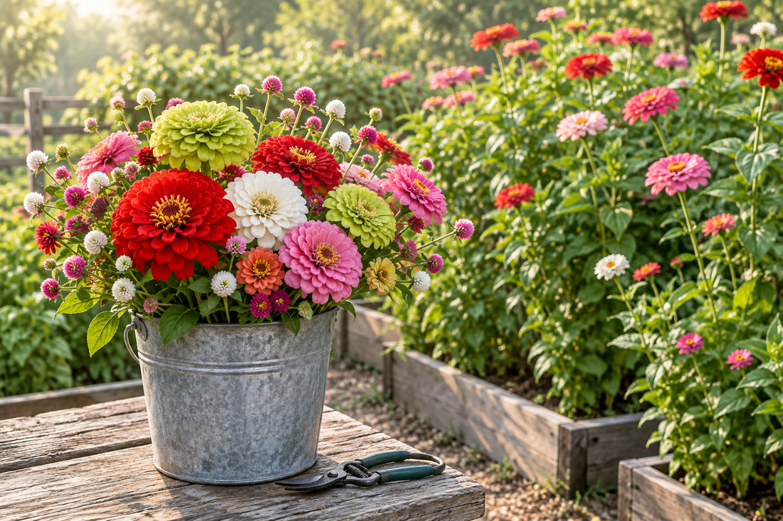 Freshly cut zinnias and gomphrena in a harvest bucket beside a flowering cutting garden