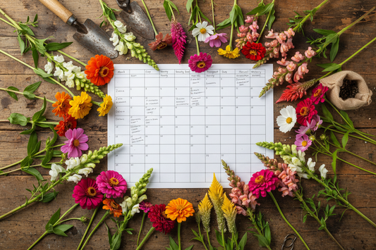 Cut flower farm crop planning calendar with fresh zinnia, snapdragon, celosia, and cosmos stems for year-round harvest