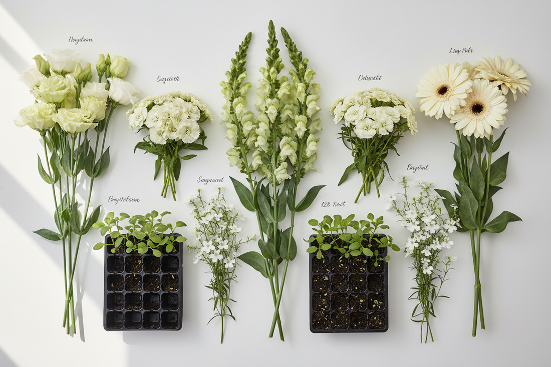 Five cut flower crops with commercial plug trays showing seeding rates for lisianthus snapdragon dianthus gerbera and lobelia