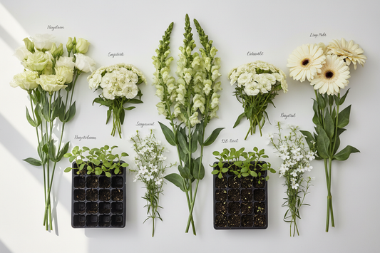 Five cut flower crops with commercial plug trays showing seeding rates for lisianthus snapdragon dianthus gerbera and lobelia