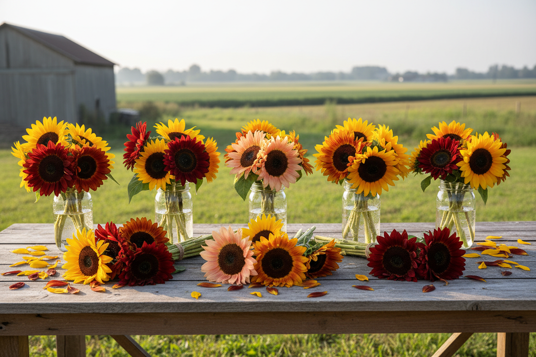 Freshly harvested Pro Cut sunflower bundles in multiple colors on a farm table — post-harvest handling guide for commercial cut flower growers