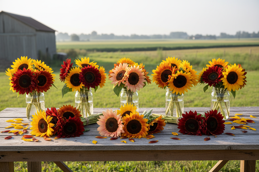 Freshly harvested Pro Cut sunflower bundles in multiple colors on a farm table — post-harvest handling guide for commercial cut flower growers