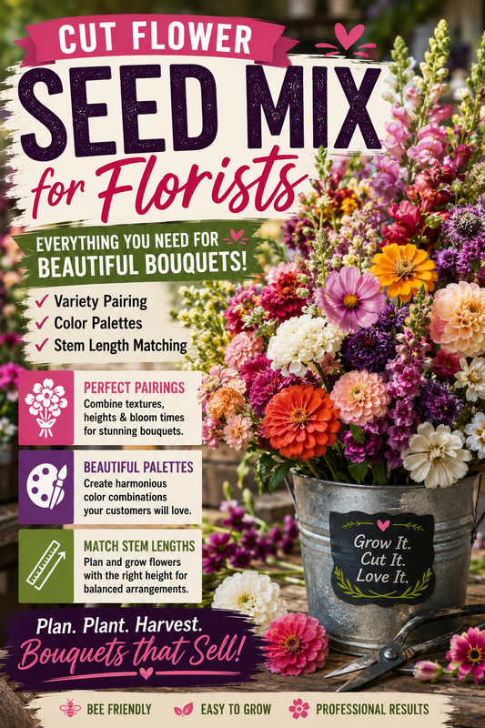 Colorful cut flower seed mix featuring coordinated bouquet flowers with matching stem lengths and complementary color palettes for florist-quality arrangements.