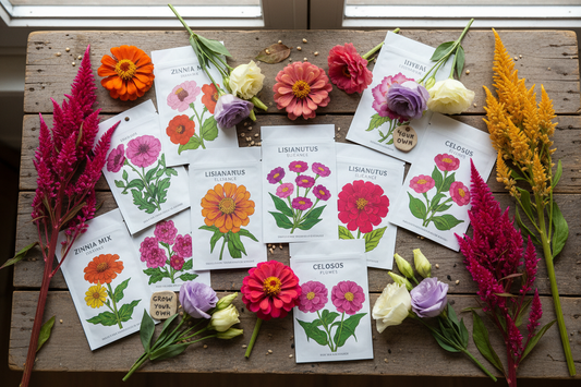Colorful cut flower seed packets with zinnia, lisianthus, and celosia blooms on a rustic wooden surface