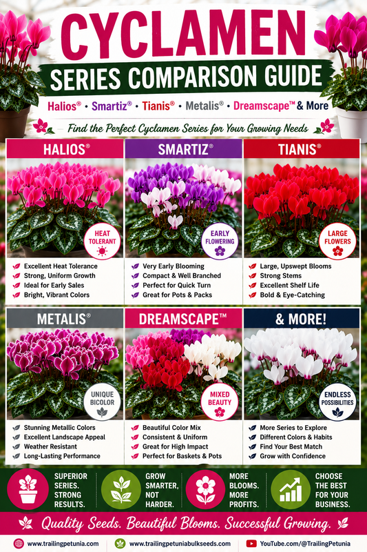 Comparison of Cyclamen series including Halios, Smartiz, Tianis, Metalis, Dreamscape, and other popular varieties for greenhouse and garden growing.