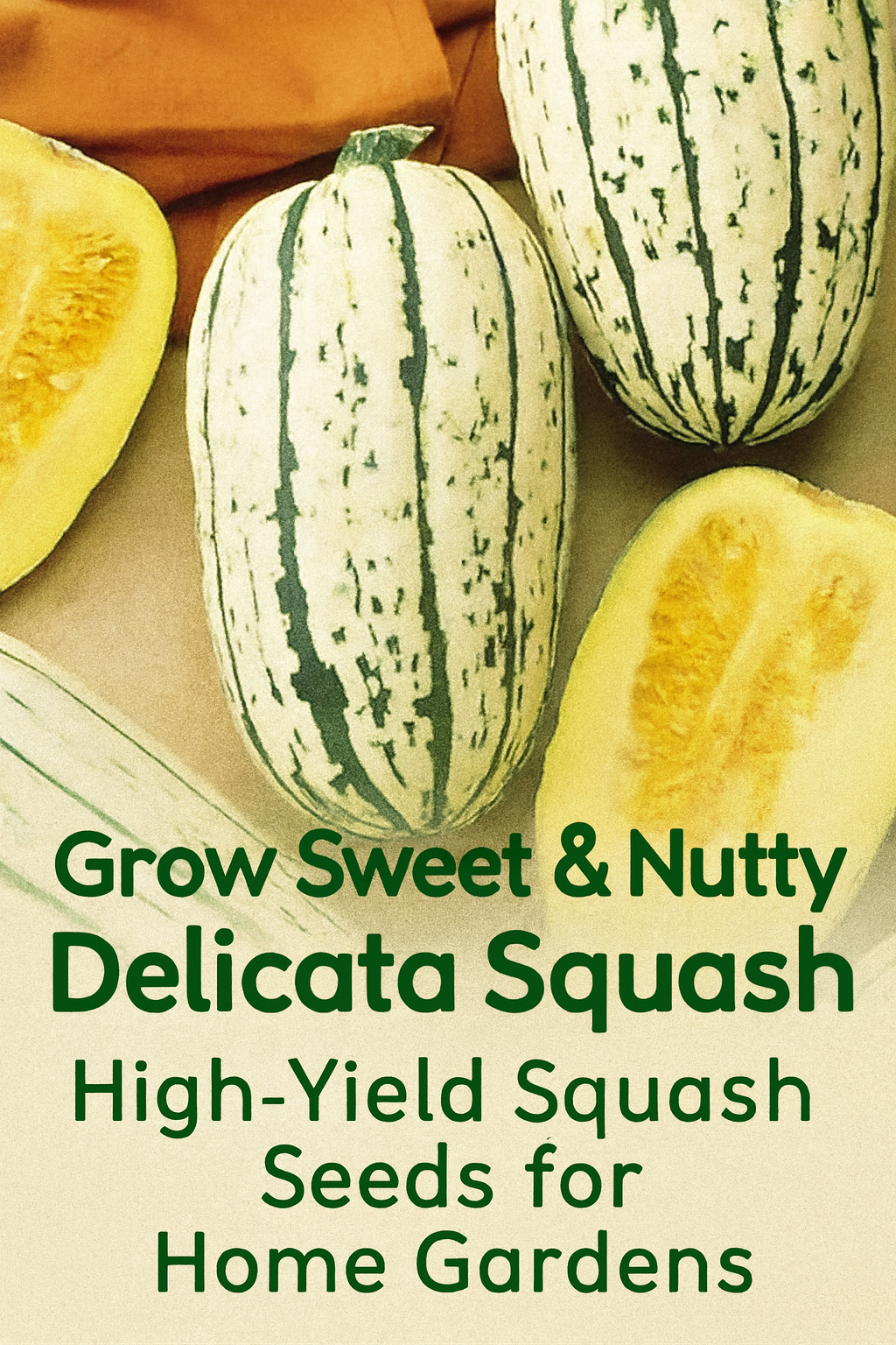Delicata squash seeds produce sweet, nutty winter squash with tender edible skin. Perfect for roasting or stuffing, these high-yield vines thrive in home gardens and small spaces.