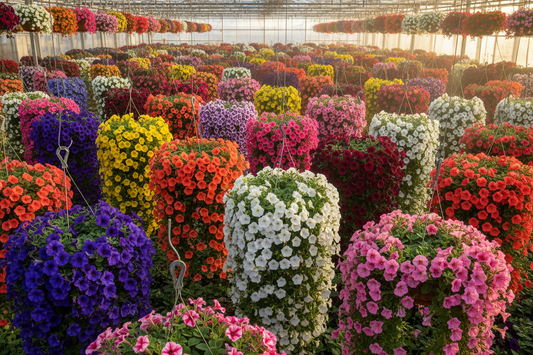 Easy Wave petunia seeds complete color guide bulk growers hanging baskets in full bloom