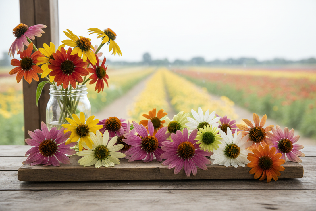 Echinacea coneflower variety comparison — Cheyenne Spirit, PowWow Wild Berry, Prairie Blaze, and Pure White Swan bulk seeds for cut flower farms