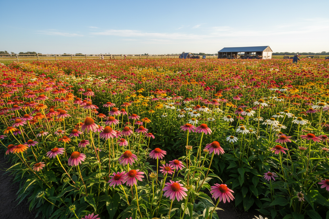 Commercial echinacea cut flower farm with tall mixed-color coneflower stems in full bloom