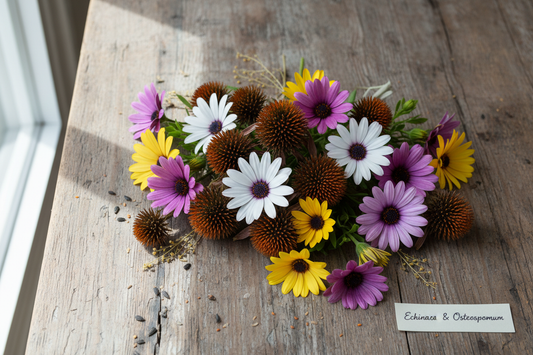 Echinacea coneflower seed heads and osteospermum African daisy cut flowers arranged on a rustic farm table