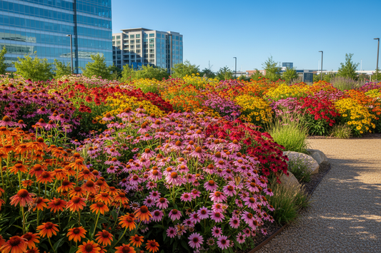 Commercial pollinator garden in full bloom with mixed echinacea coneflowers in orange, pink, purple and yellow with bees and butterflies