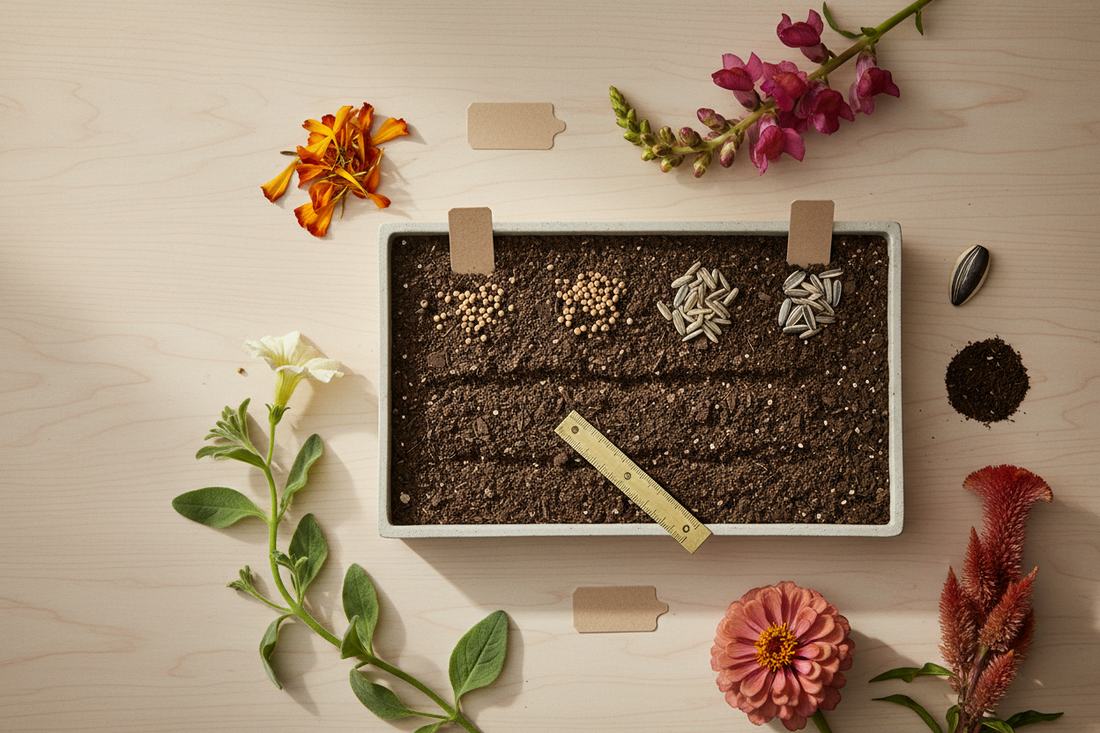 Flower seeds arranged by sowing depth beside a seed-starting tray