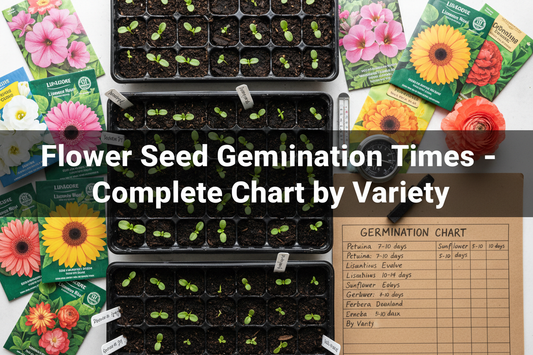 Flower seed germination times chart with seedling trays, seed packets, and sprouting petunia, lisianthus, gerbera, sunflower, and ranunculus seeds