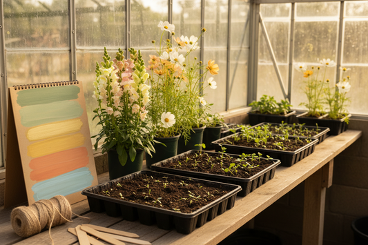 Flower seedlings and blooms in a greenhouse for zone planting