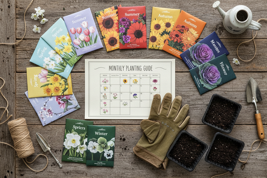 Flower seed packets arranged by season with a monthly planting calendar on a wooden surface 