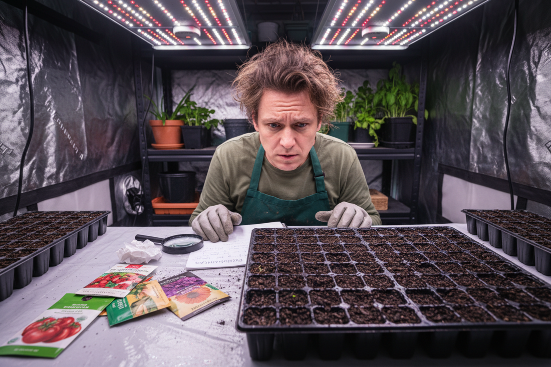 Gardener looking at empty seed starting trays with no germination under grow lights with flower seed packets nearby