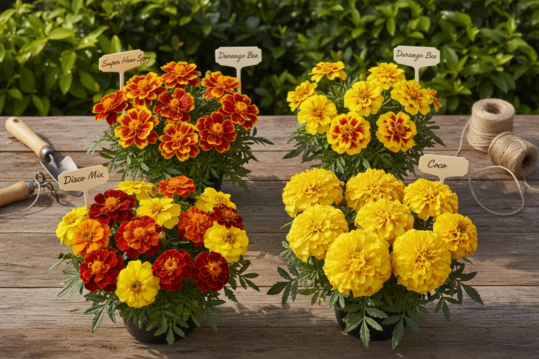 Super Hero Spry, Durango Bee, Disco Mix and Coco African marigold variety comparison bulk seeds