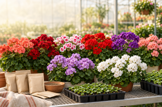 Commercial geranium color comparison showing Pinto, Maverick, and Multibloom blooms in a greenhouse.