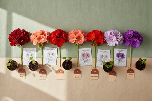 Colorful geranium seed varieties in deep rose, scarlet, coral, salmon, lavender, and violet for commercial greenhouse production