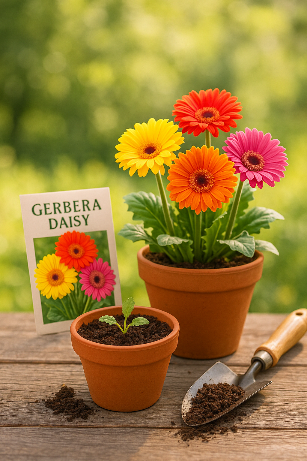 Gerbera Daisy plants growing from seed in terracotta pots on a potting table with seedlings, seed packet, and gardening tools.