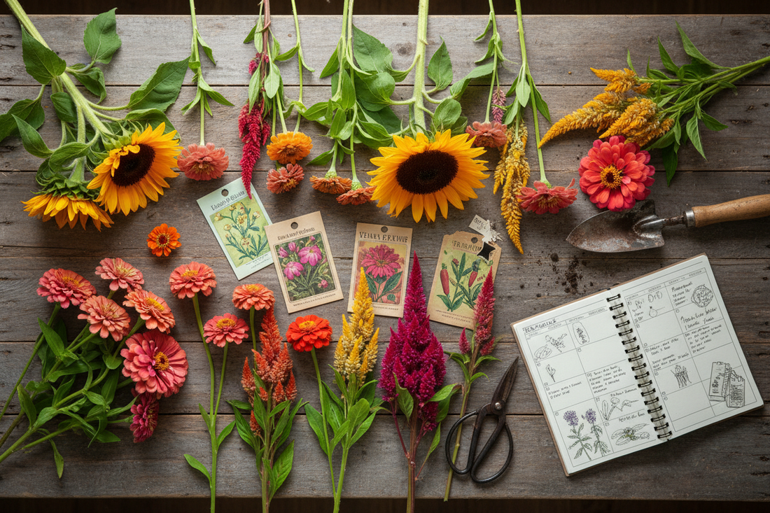 Cut flower stems including zinnias, sunflowers, and celosia arranged with seed packets and a planting calendar on a wood surface