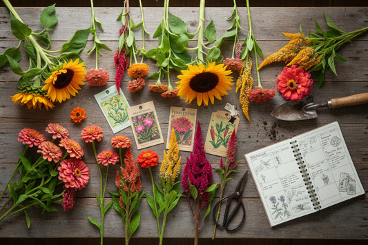 Cut flower stems including zinnias, sunflowers, and celosia arranged with seed packets and a planting calendar on a wood surface