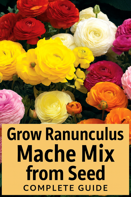 Ranunculus Mache Mix bicolor blooms in shades of pink, orange, and white grown from seed, perfect for cut flowers and bouquets