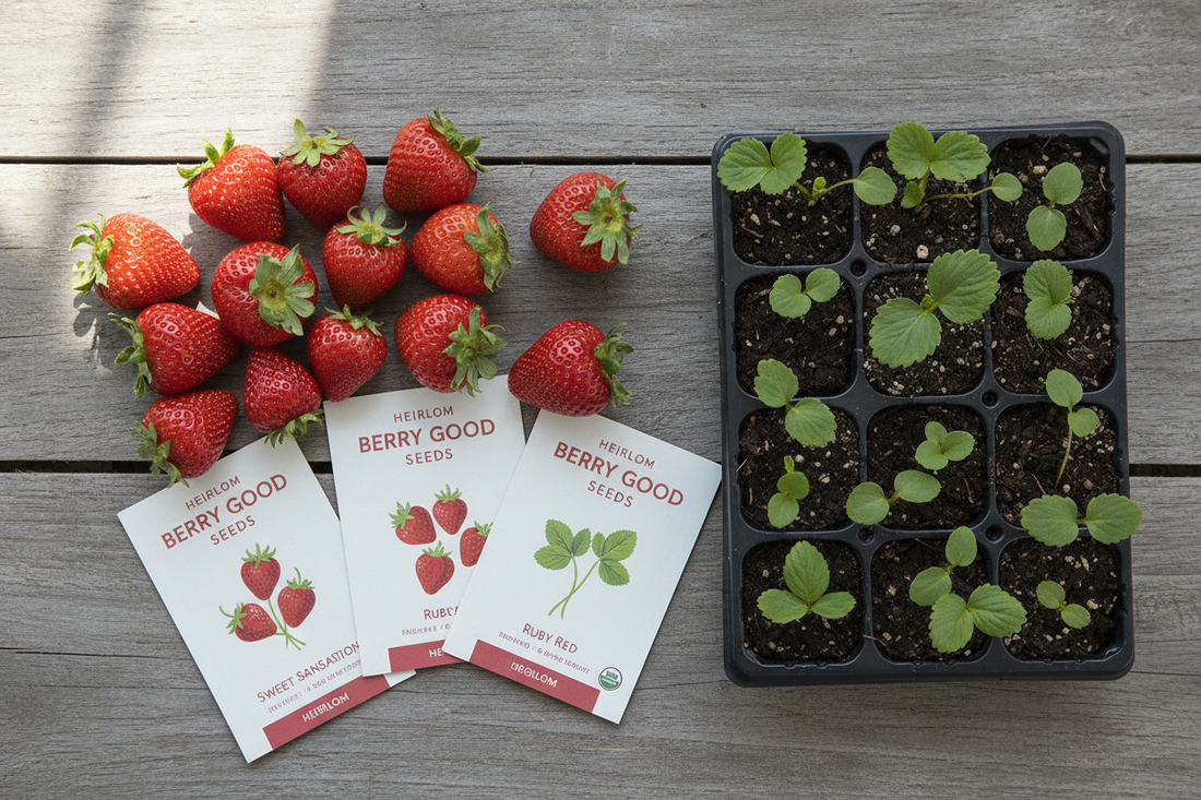 Fresh strawberries, seed packets, and a plug tray of strawberry seedlings arranged on a wood surface for commercial growers