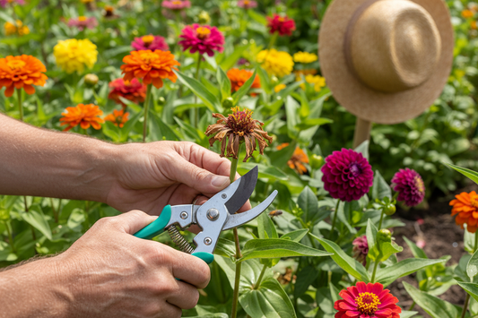  Gardener using scissors to deadhead a spent zinnia flower in a colorful summer cutting garden